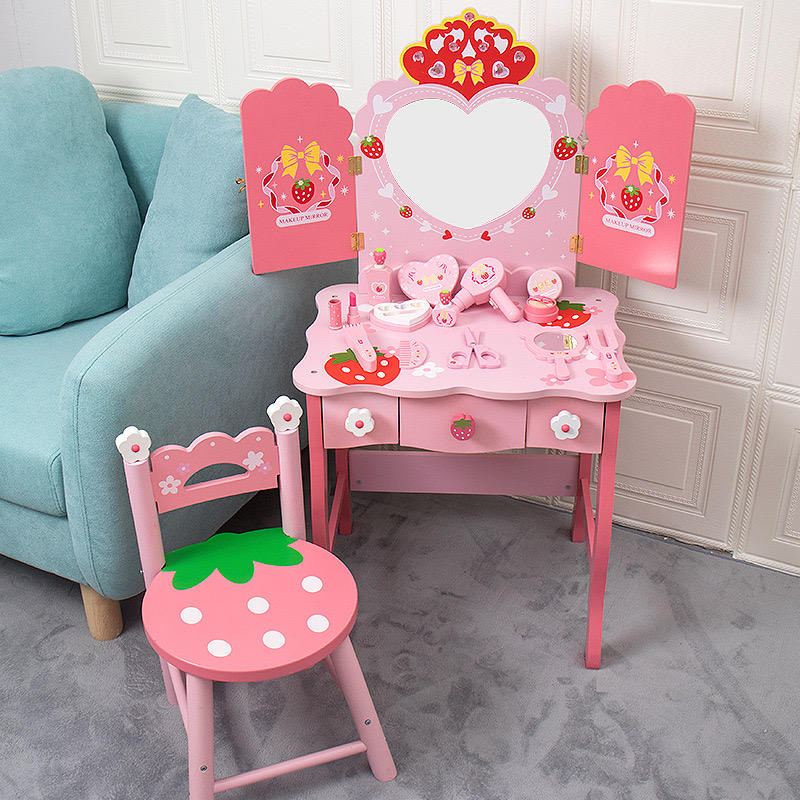 Custom Wooden Simulation Dressing Table Pretend Play Toys Kids Role Play Fun Dressing Table Toy Set with Jewelry Box