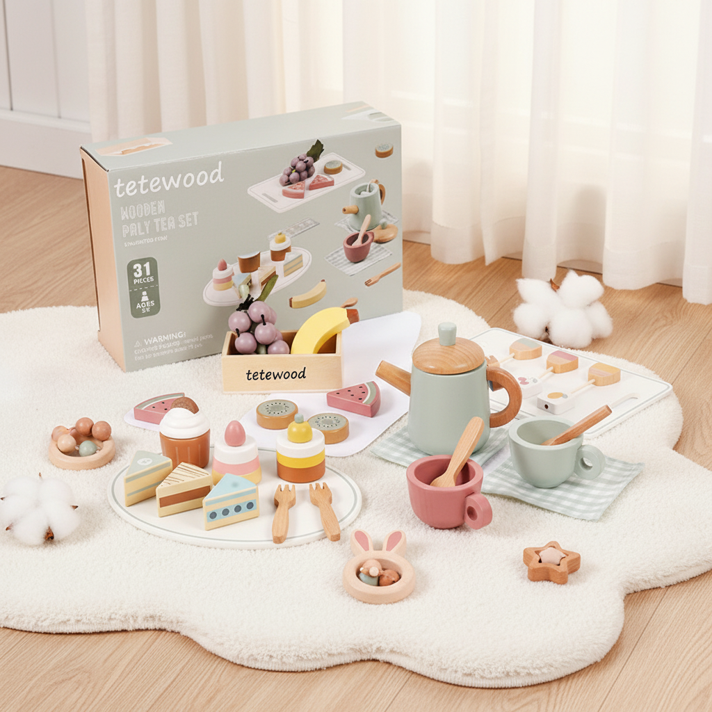Eco-friendly Wood Toy Tea Set for Kids Elegant Pretend Play Tea Time Accessories for Imaginative Role Play Perfect Birthday Gift