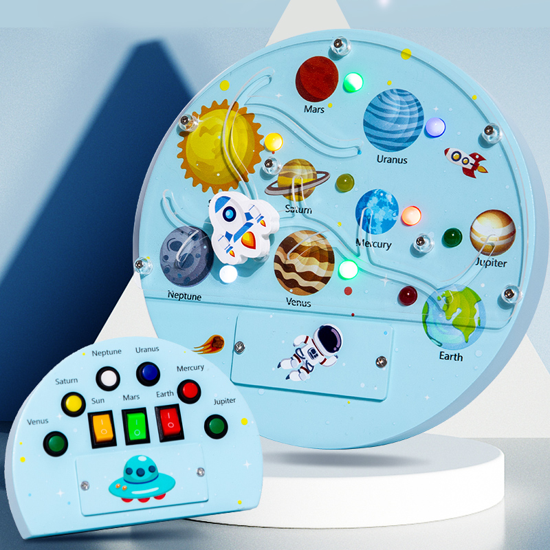 Solar System Busy Board for Toddler, Montessori Wooden Sensory Toys with LED Light, Kids Best Gift for Christmas &amp; Birthday