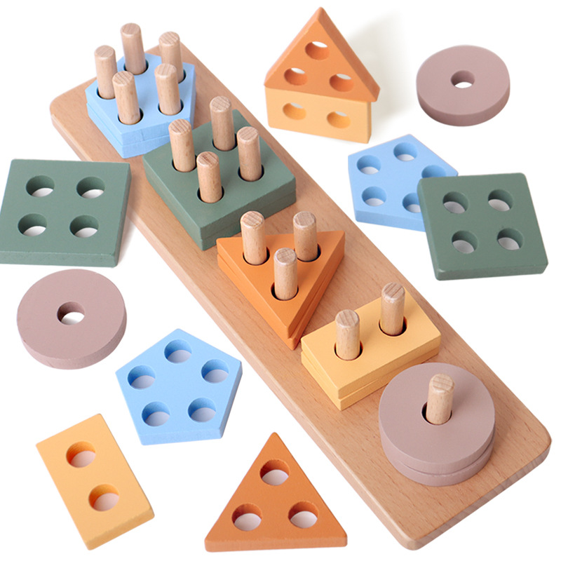 Children Montessori Educational Five Column Wooden Toy Geometrical Shape Sorting Building Blocks Matching Toy Kids Wooden Toys