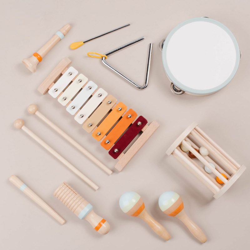 Baby Wooden Music Toy with 11-Piece Drum and Bell Educational Musical Instruments