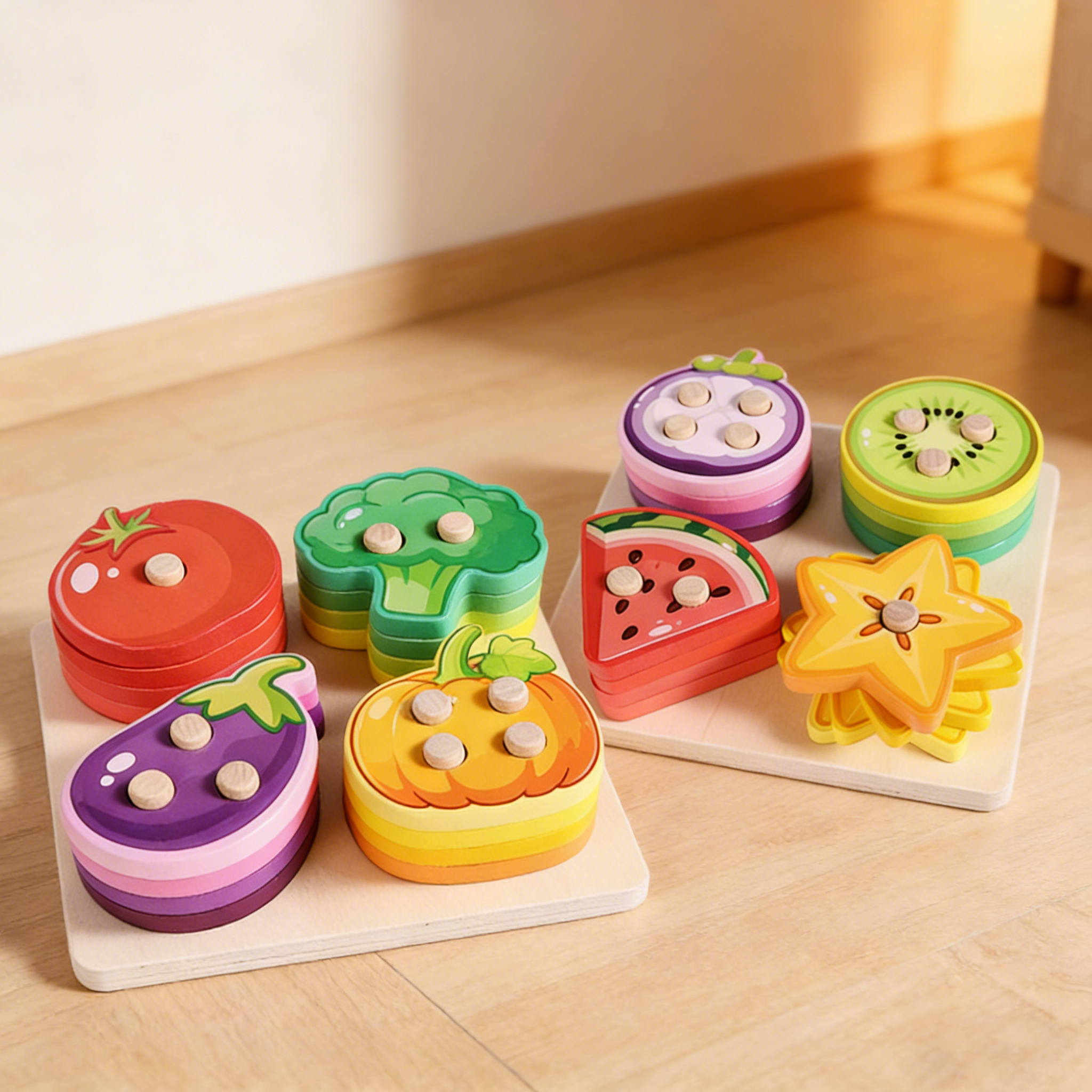Montessori Baby Toys 1-3 Years Wooden Educational Vegetable Fruit Sorting Game Building Blocks Stacking Toys for Kids Learning
