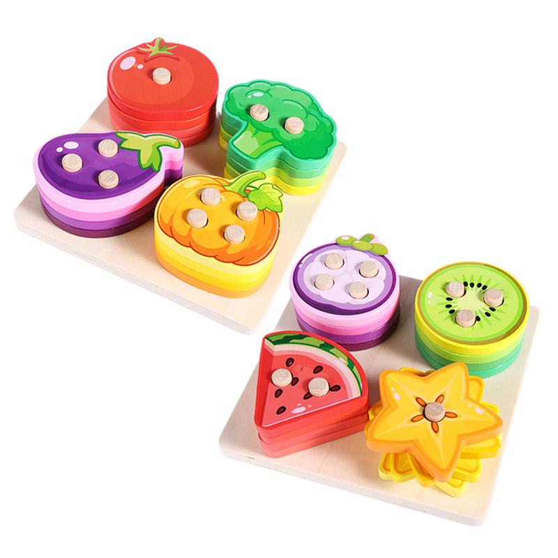 Montessori Baby Toys 1-3 Years Wooden Educational Vegetable Fruit Sorting Game Building Blocks Stacking Toys for Kids Learning