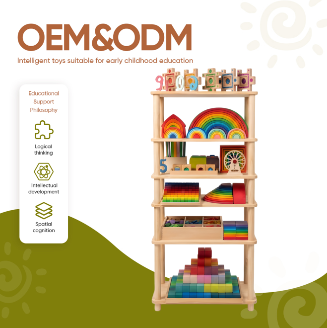 Grapat Waldorf Inspired Wooden Toys Grimms Hand Painted Rainbow Puzzle Building Block Set Montessori Educational Toys for Kids