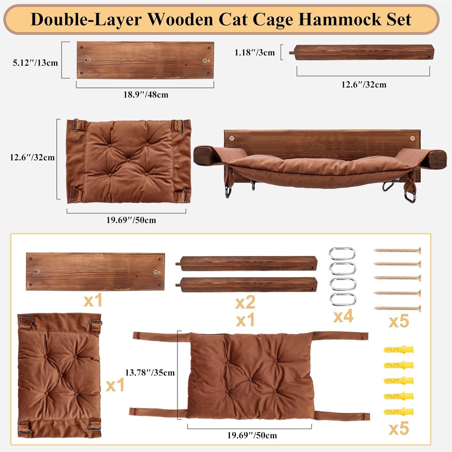 Wooden Wall-Mounted Cat Climbing Rack With Hammock Toy Ladder &amp; Nest-Breathable &amp; Waterproof Design