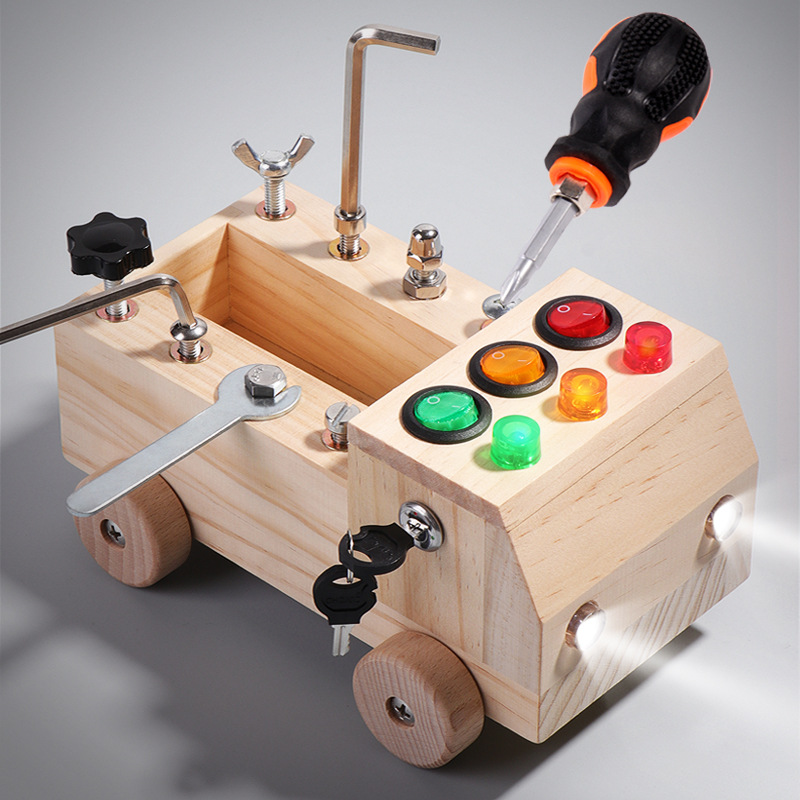 Children's Multi-Functional Busy Board Toy Set Wooden Disassembly Tool Car Screw Nut Combination Educational Pretend Role Play