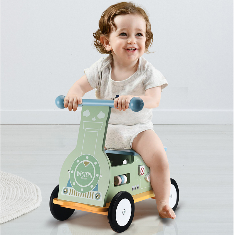 Kids Wooden Toddler Toys, Wooden Baby Four-wheel Riding, Learning and Walking Toys with Abacus and Shape Sorter