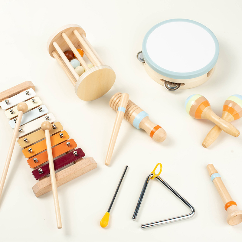 Baby Wooden Music Toy with 11-Piece Drum and Bell Educational Musical Instruments