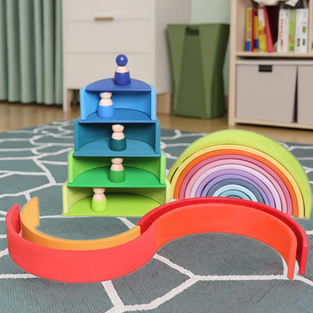 Wholesale 12 PCS Wooden Rainbow Stacking Educational Wooden Nesting Puzzle Blocks Toys for Kids