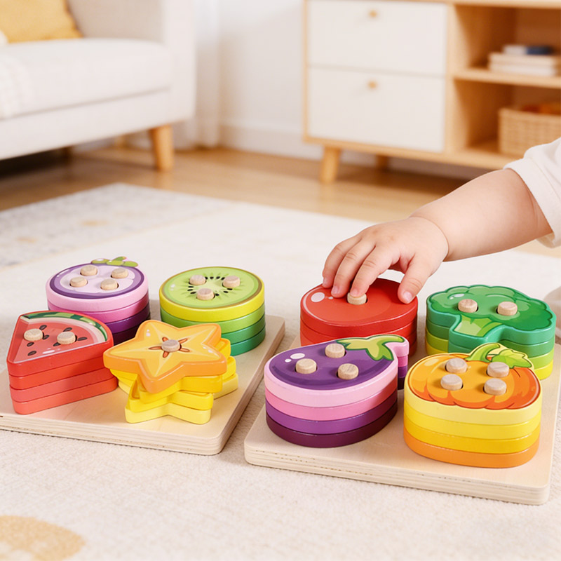 Montessori Baby Toys 1-3 Years Wooden Educational Vegetable Fruit Sorting Game Building Blocks Stacking Toys for Kids Learning