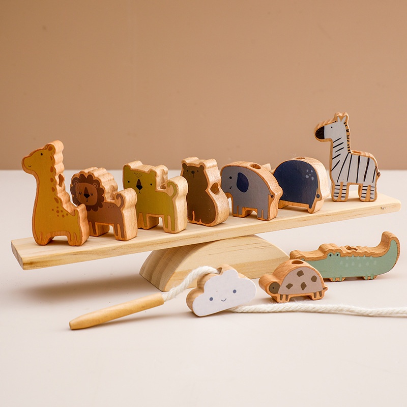 Cross-border Wooden Animal Threaded Seesaw Educational Toy for Children's Early Education Hand-Eye Coordination Balance Stacking
