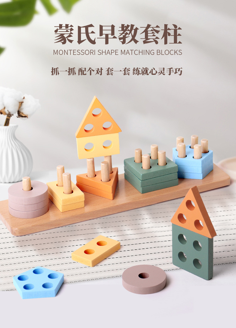 Children Montessori Educational Five Column Wooden Toy Geometrical Shape Sorting Building Blocks Matching Toy Kids Wooden Toys
