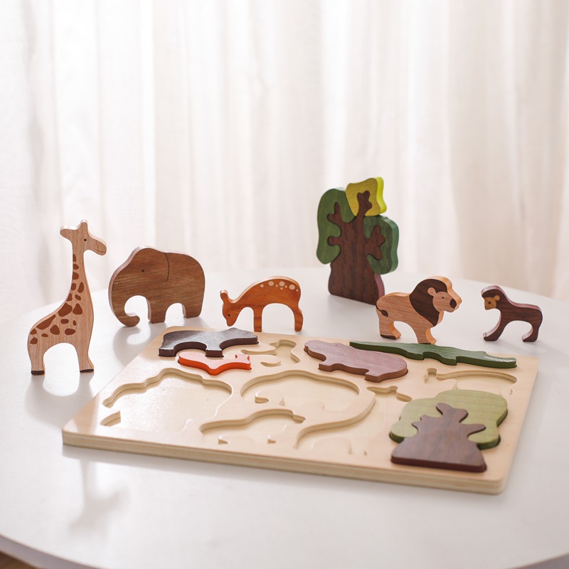 Custom Baby Early Education Wooden Forest Animal Jigsaw Montessori Puzzle Educational Toy for Kids Children Wholesale