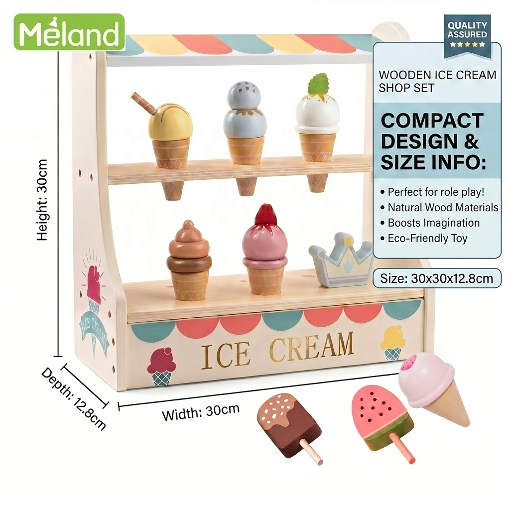 Wooden Ice Cream Shop Set Educational Role Play Pretend Play Toy Custom Logo for Kids