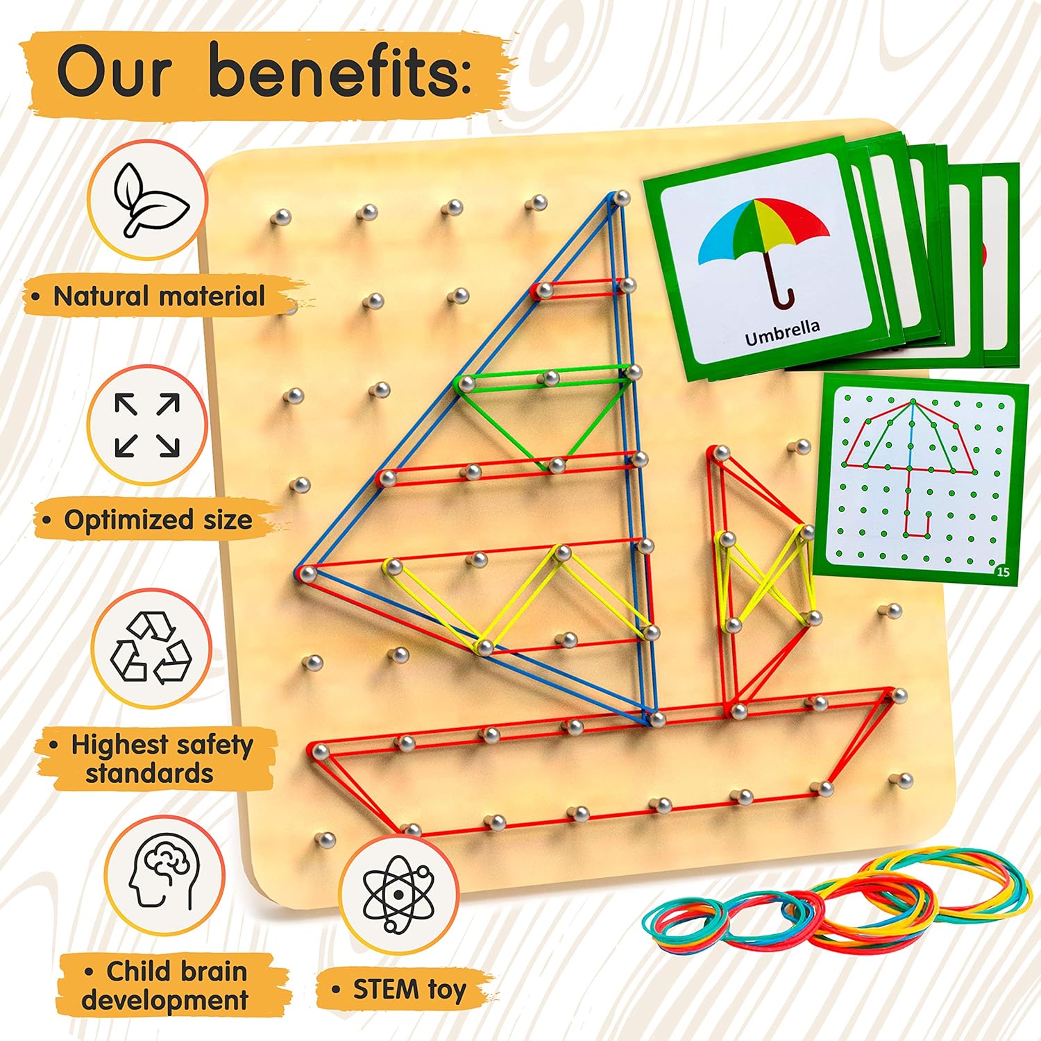 Wooden Geoboard Montessori Toy for 3-5 Year Old Kids Toddlers Educational STEM Brain Teaser 30 Pattern Cards 40 Rubber Bands