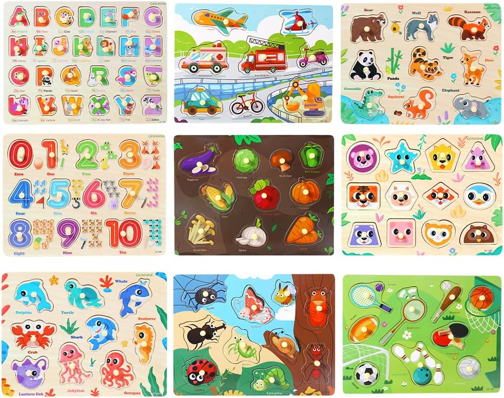 Preschool Alphabet Number Animal Hand Grab Wooden Puzzle Board Sensory Learning Developmental Toys for Baby Kids Early Education