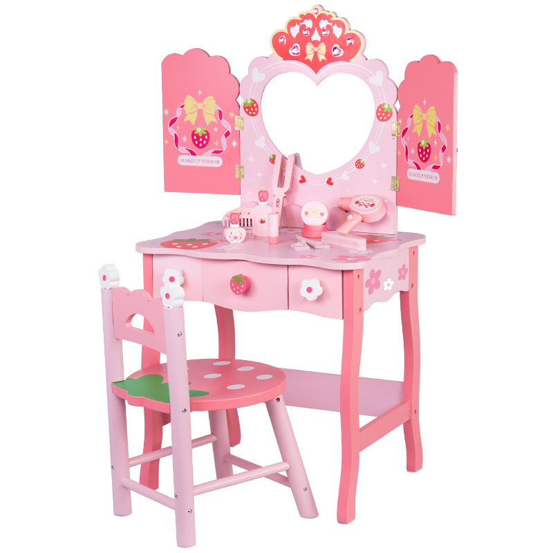 Custom Wooden Simulation Dressing Table Pretend Play Toys Kids Role Play Fun Dressing Table Toy Set with Jewelry Box