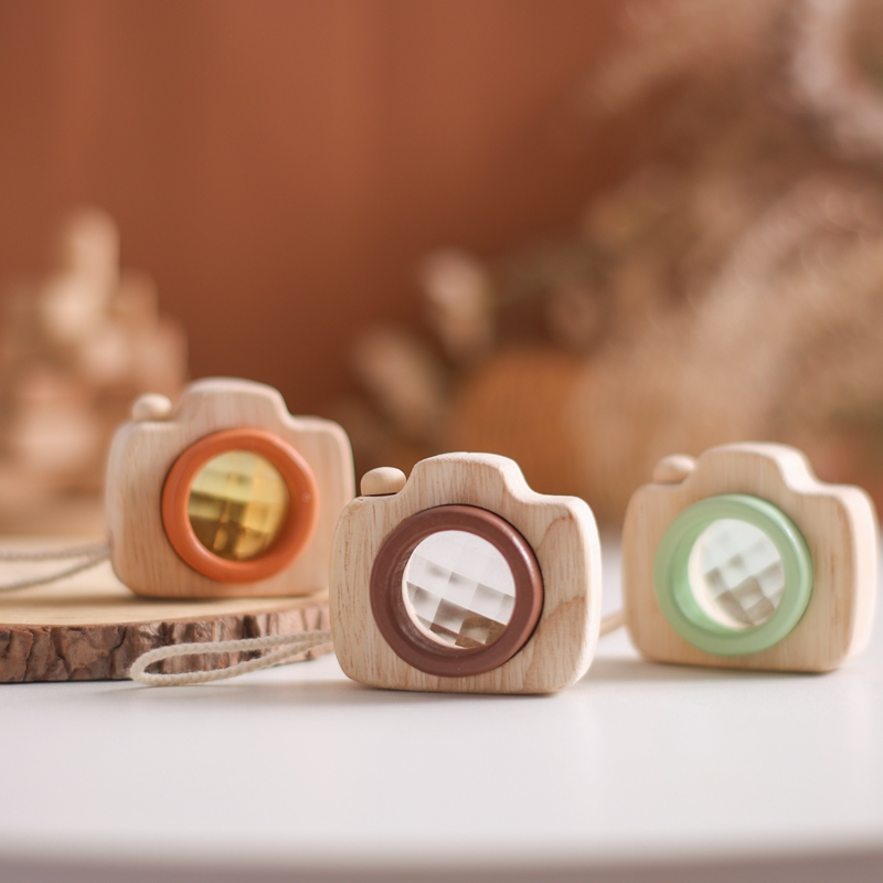 Mini Wooden Camera Toy for Kids Shatterproof PMMA Bee Eye Magic Kaleidoscope Toy Montessori Sensory Pretend Play Roleplay Camera