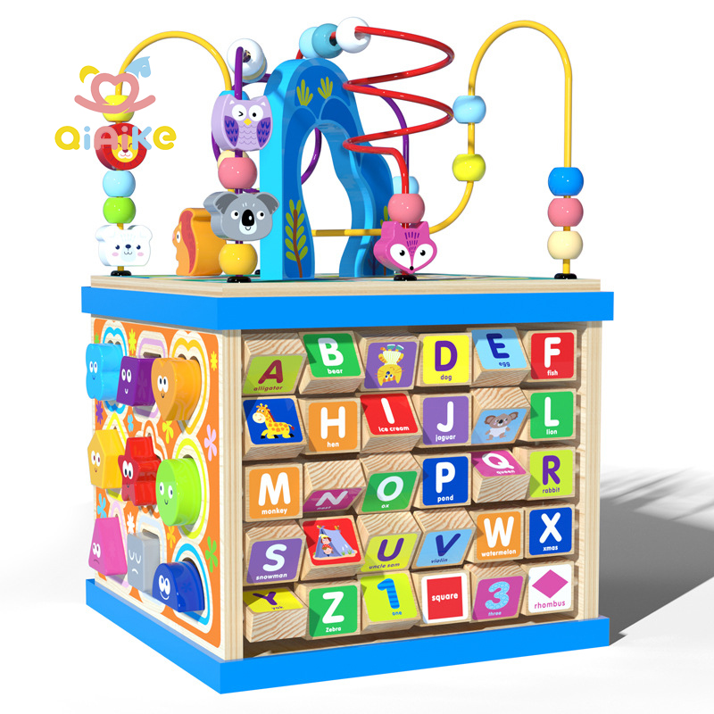 Large Multi-Functional Montessori Wooden Bead Maze Treasure Box Baby Early Learning Intelligence Activity Cube Educational Toys