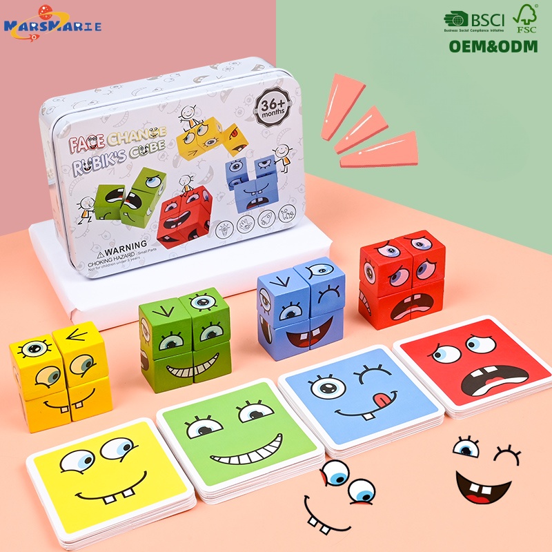 Montessori Wooden Kids Games Children's Face Changing Cube Pairing Puzzle Education Table Parent-child Battle Game Toy for Girls