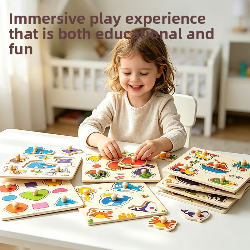 Wooden Pegged Puzzle Board For Toddlers Educational Hand Grasp Knob Puzzle With Animal Fruit Shapes Early Learning Toy For Kids