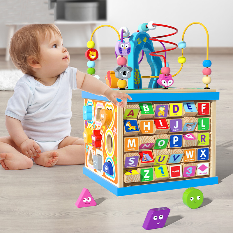 Large Multi-Functional Montessori Wooden Bead Maze Treasure Box Baby Early Learning Intelligence Activity Cube Educational Toys