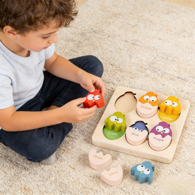 Factory Montessori Educational Toys Color Recognition Matching Game 3D Eggs Shape Eco-friendly Wooden Jigsaw Puzzle 50 Pieces