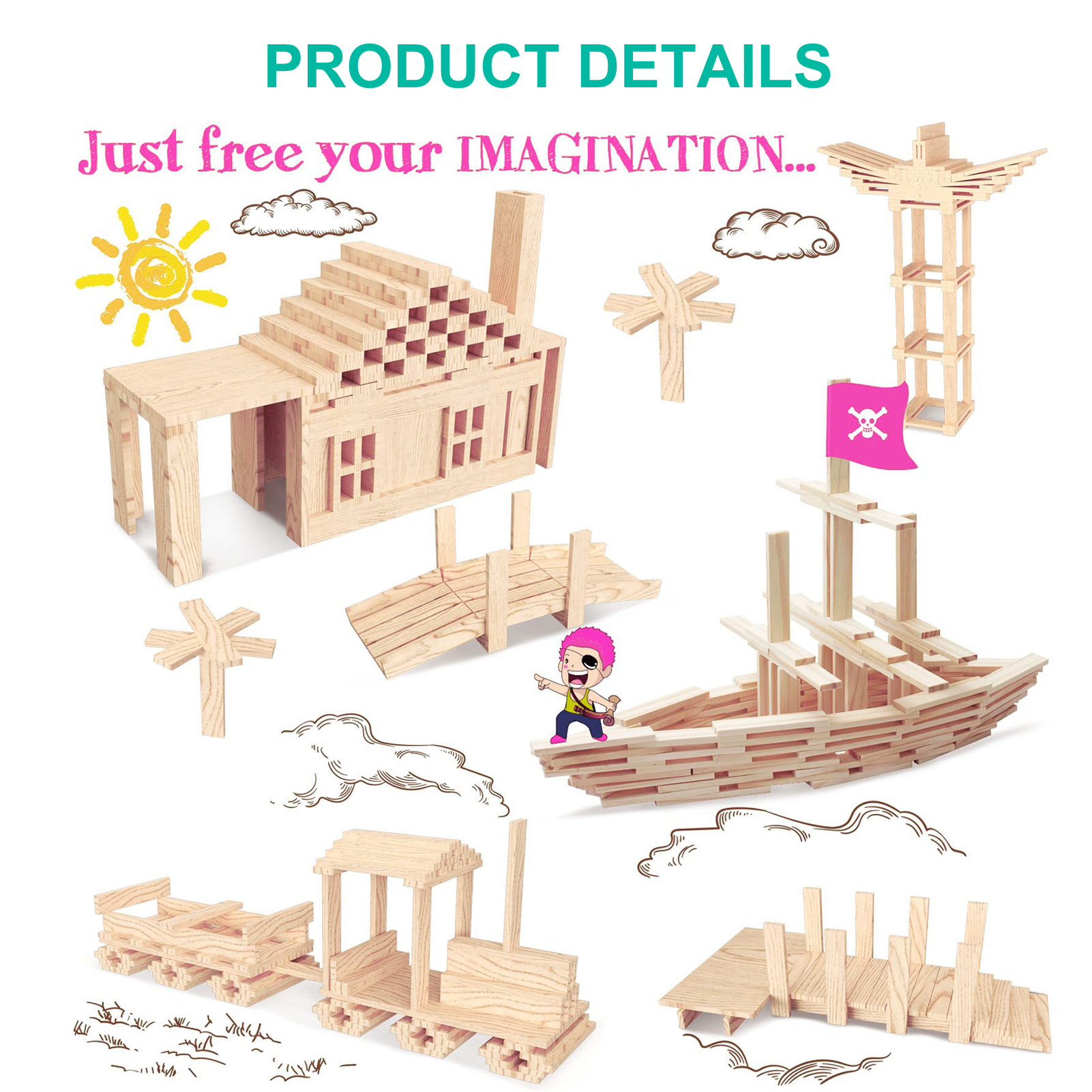 Custom Creative Children's Wooden Other Educational Toys Toddlers Wood Planks Building Block Sets