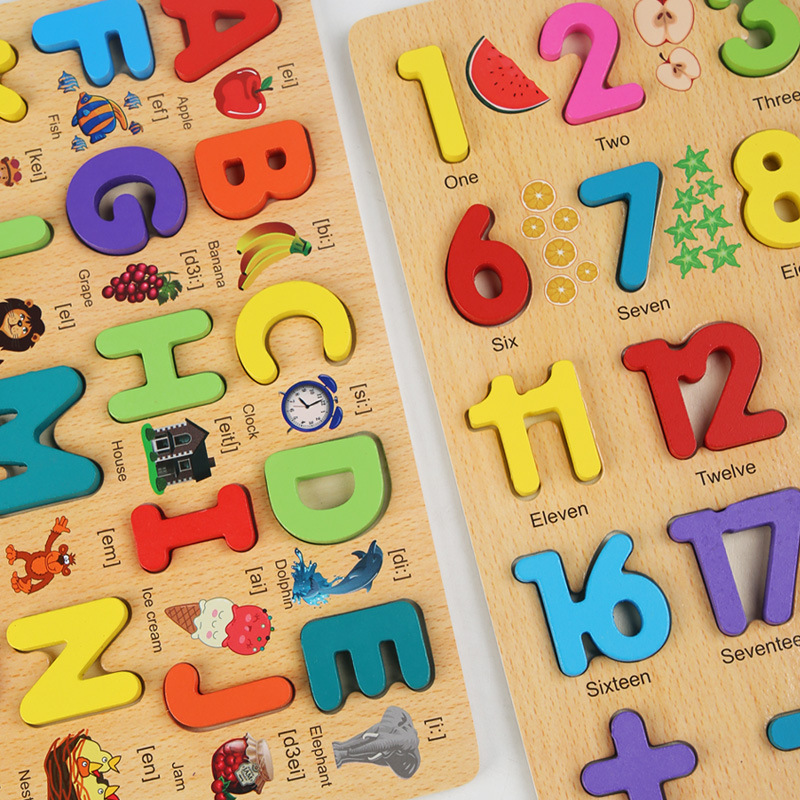 YUCI Wooden Children's Play Creative Game Cognitive Educational Number Alphabet Puzzle Board Toys for Kids Learning