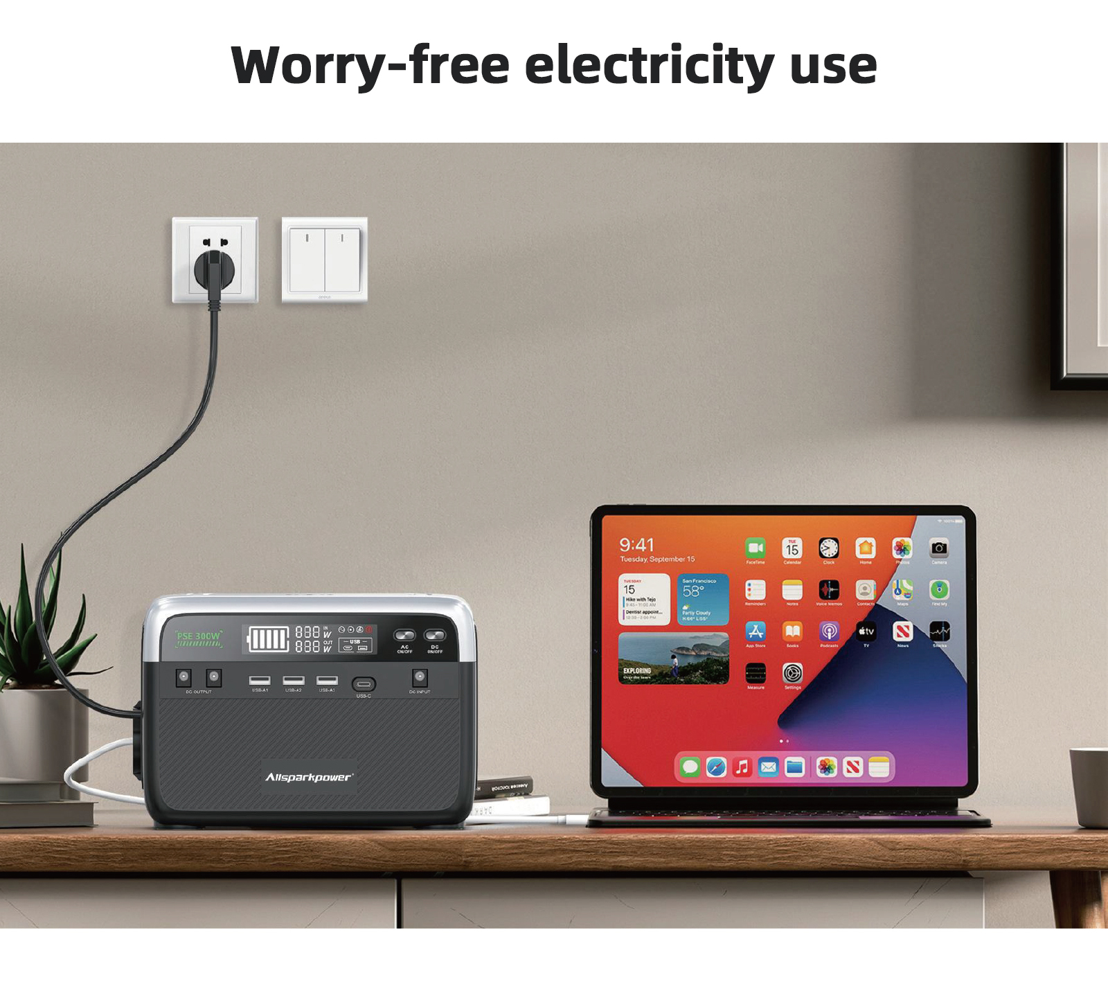 300W Portable Power Generator Lithium Ion Pure Sine Wave Inverter MPPT Solar Panel Car Charging Wireless Charging C Flashlight
