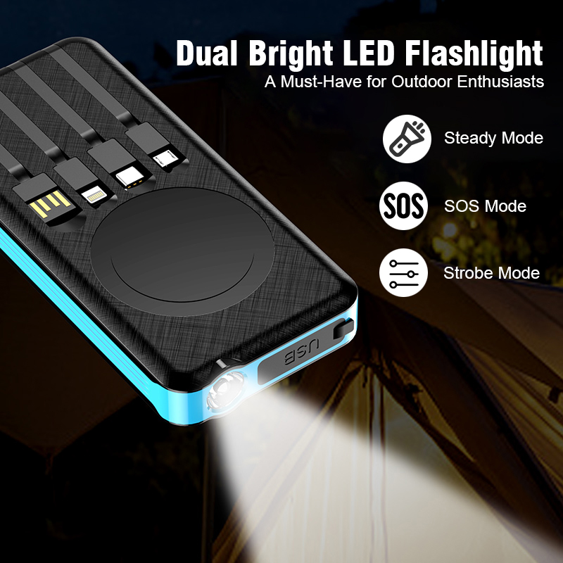 Solar Power Bank 10000mAh Portable Charger Magnetic Wireless Power Bank Outdoor Camping Hiking Power Bank With LED Flashlight