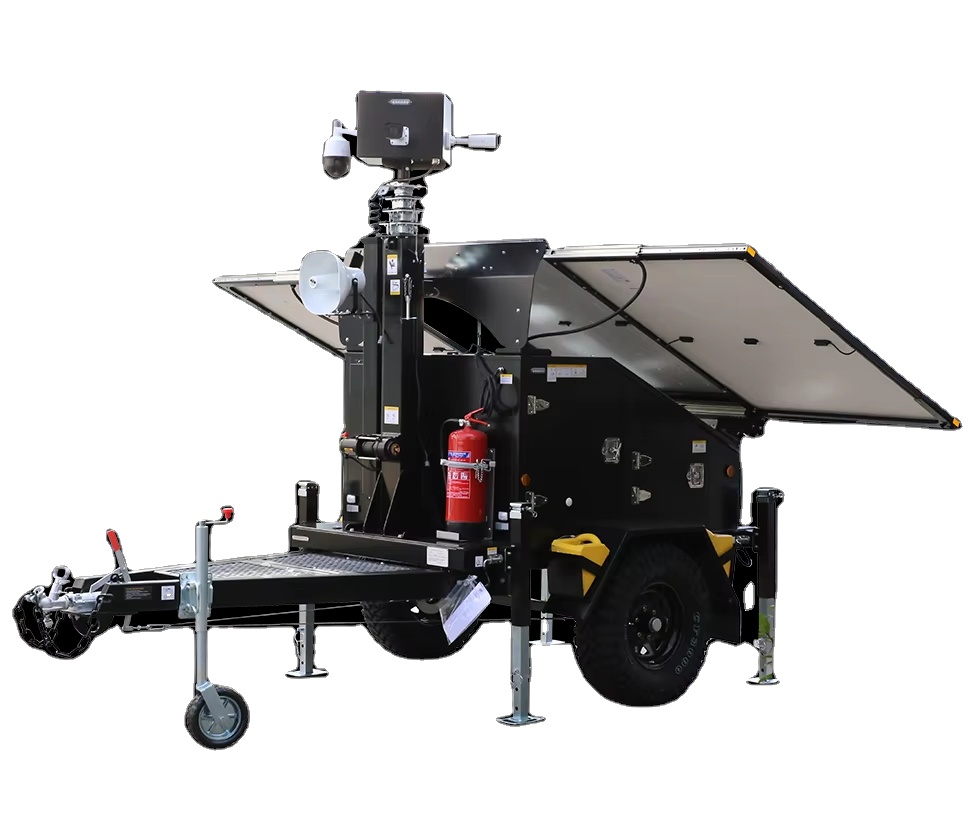 9M 30FT Telescopic Mast Power Bank Horizontal Mast Electric Motor Driven PV Panels Solar Trailer Solar Surveillance Unit