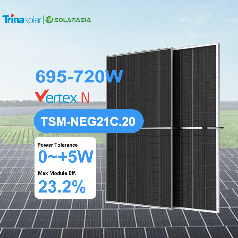 Trina Solar Panels Vertex n Type 670w 680w 690w 700w 710w 715w 720w Bifacial Dual Glass Monocrystalline High Efficiency Panel