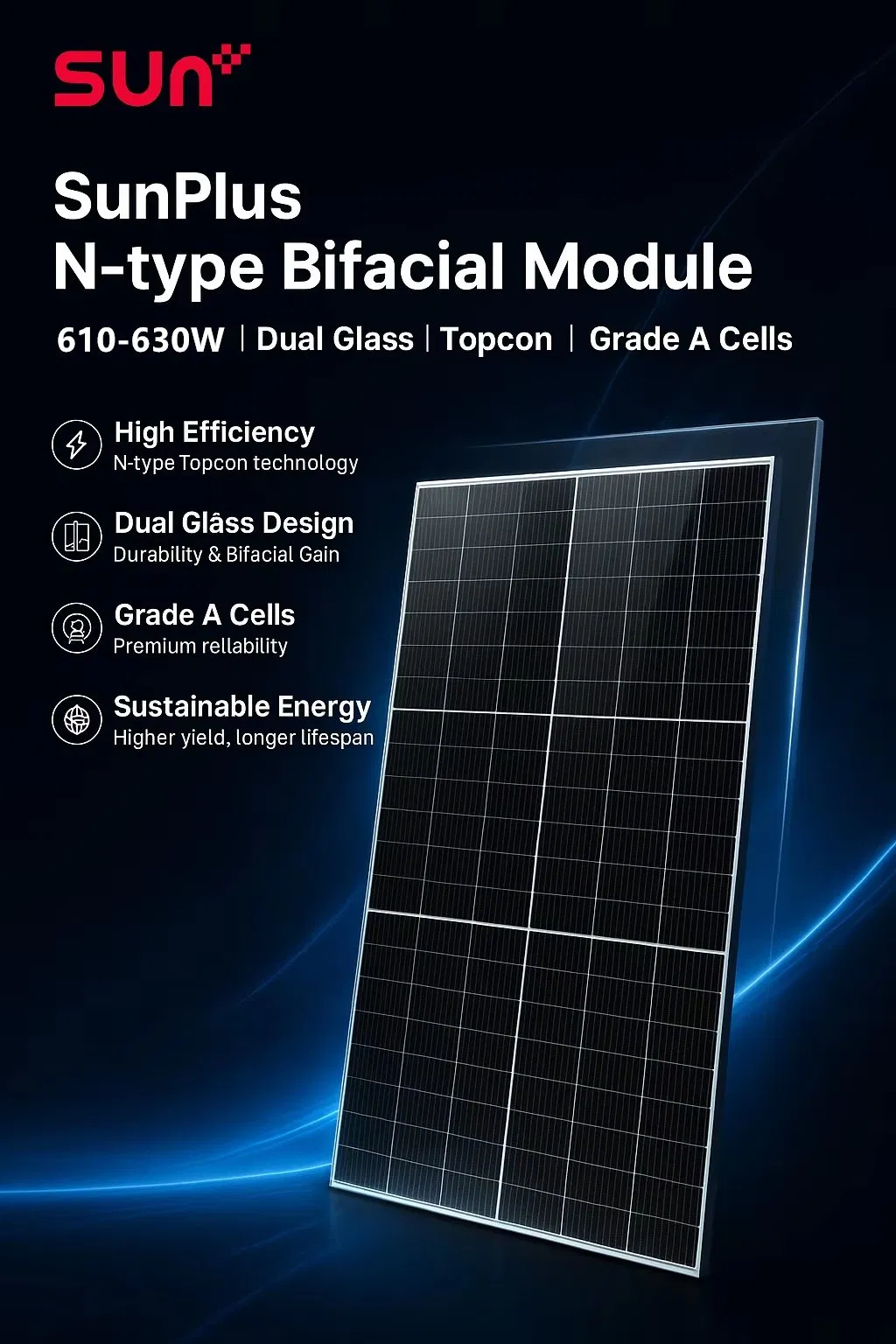 Sunplus Professional 585W N-Type Bifacial Monocrystalline Solar Panel for Ground-Mounted Solar Power Station