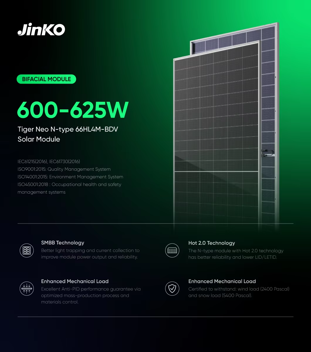 For Solar Bifacial Dual Glass 66HL4M-BDV 615W Tiger Pro N-Type Solar Panels on Grid off Grid Hybrid System 30 Years Warranty