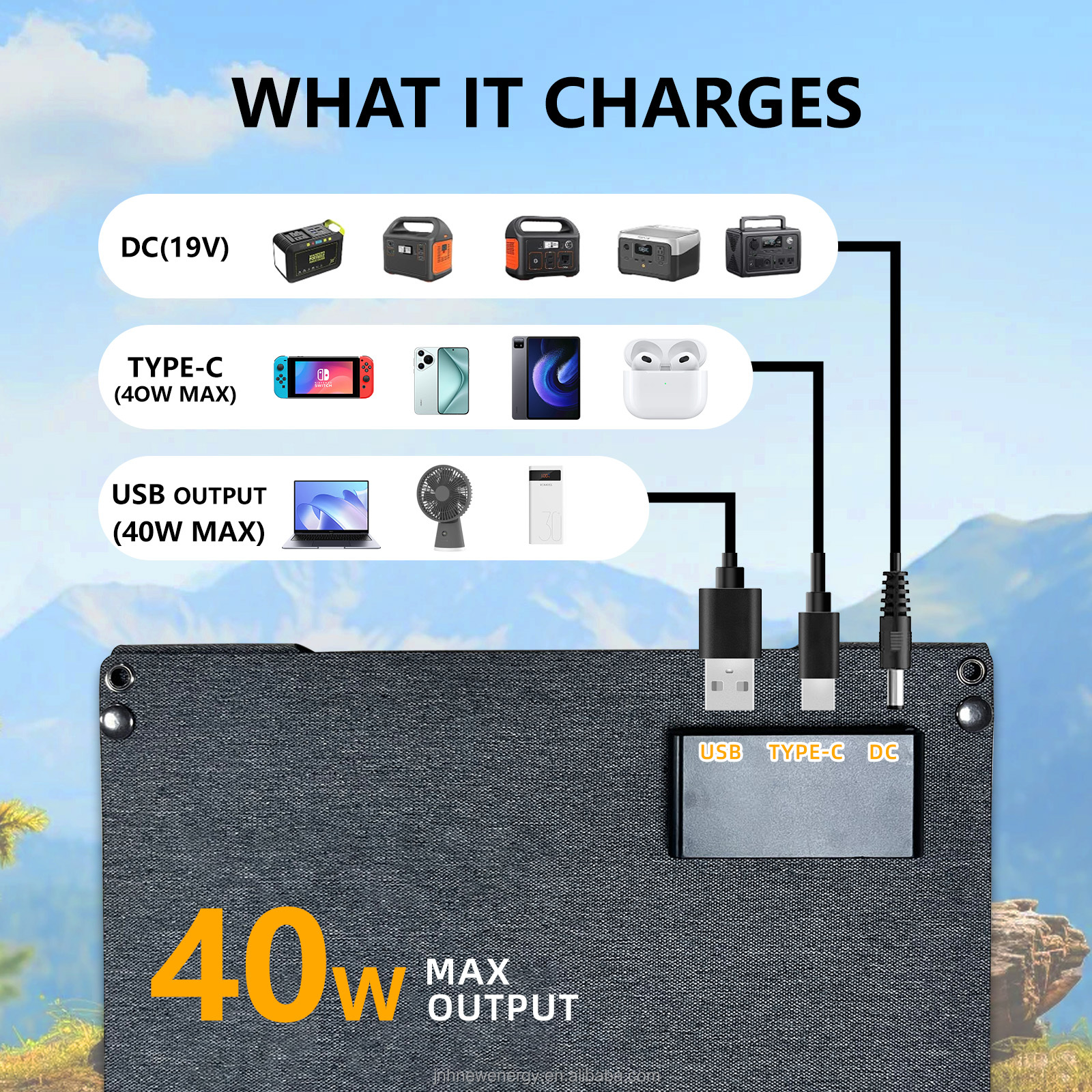 40W Portable Solar Charger With USB Monocrystalline Foldable Solar Panel For Outdoor Camping Phone Power Bank