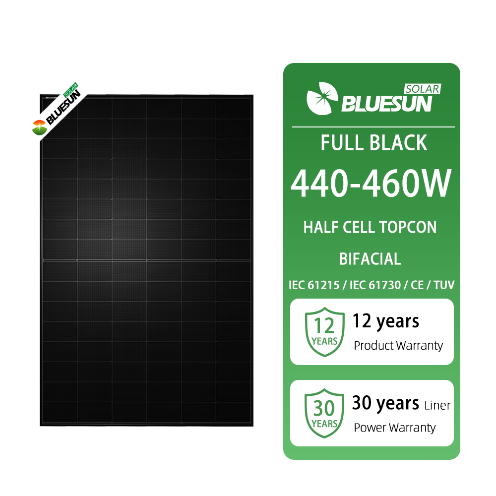 Bluesun Solar Panels Full Black Panel Eu Stock 450W 455W 460W 465W 470W All Black Pv Bifacial Glass Solar Panels With Battery