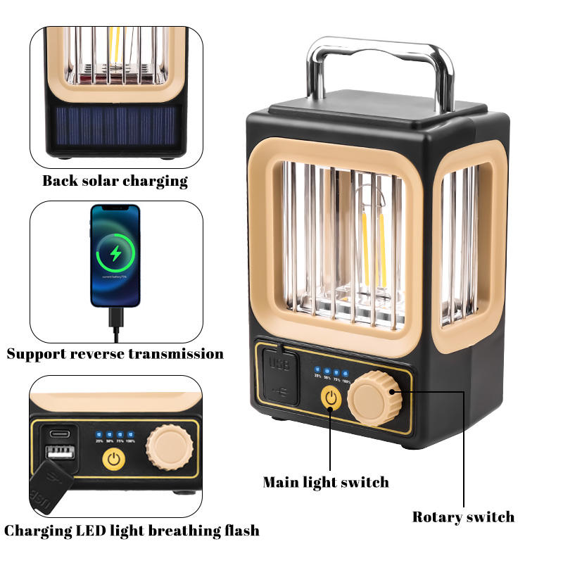 New Solar LED Courtyard Camping Lantern ABS Suspension Stepless Dimming Convenient USB Charging Portable Working Light