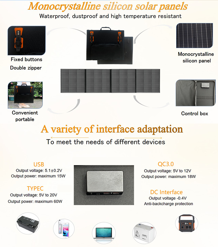 Outdoor Portable Foldable Solar Panel 100W 150W 200W 300W Solar Panel Black Waterproof with Folded Charge Bag