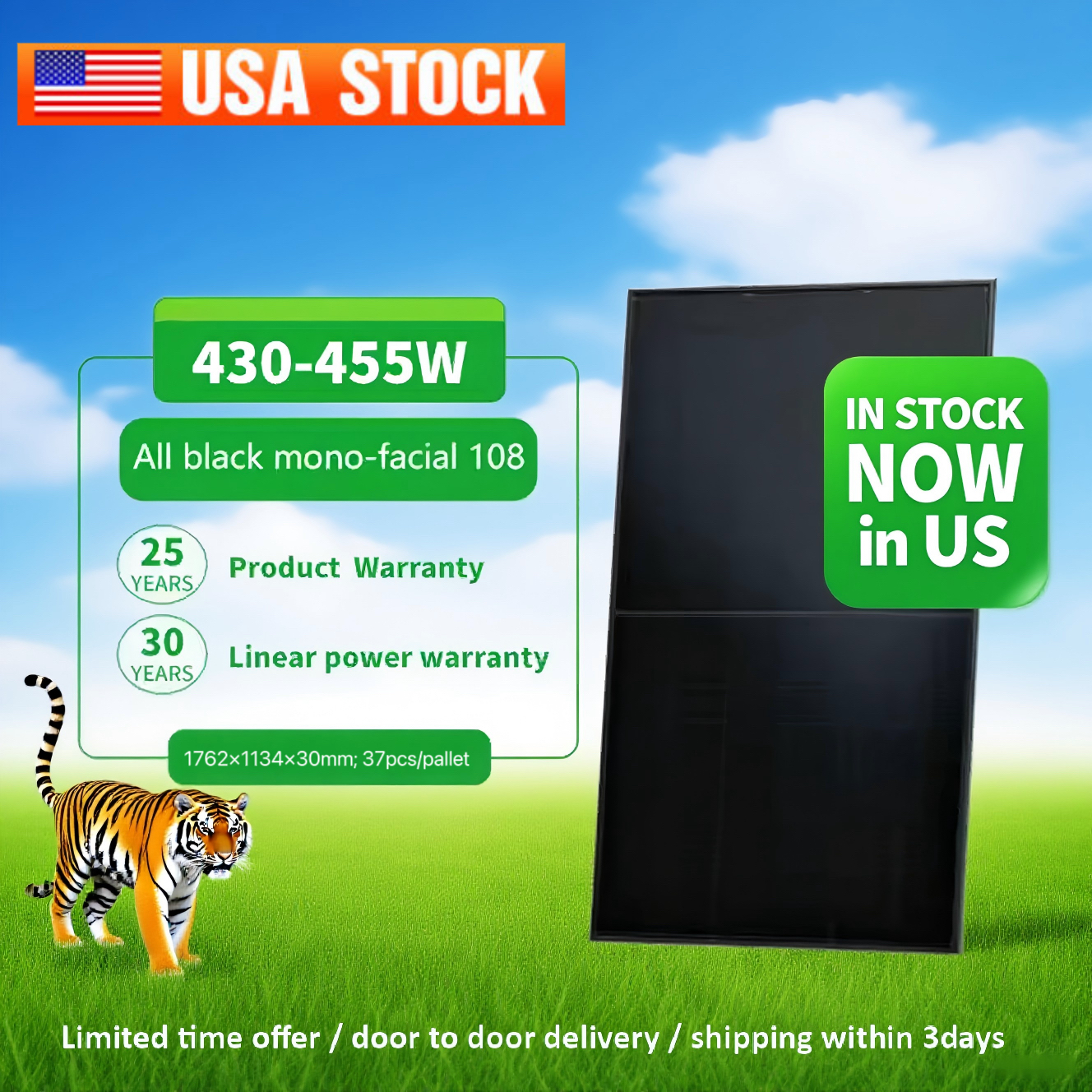 USA Local Stock Jinko Solar on Grid Off Grid Solar Topcon 400W 440W PV Module Solar Panel