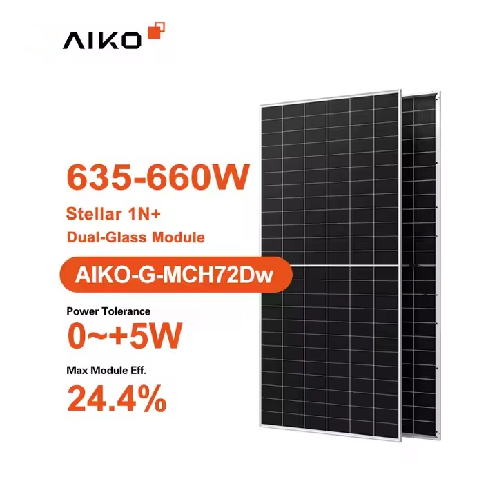 Bifacial Aiko Solar N Type ABC Techology 655W 650W 645W 640W Dual Glass PV Module 144 Cells Solar Panel Module for Commercial Use