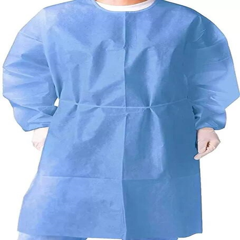 Traje de aislamiento desechable de manga larga impermeable de plástico no tejido, delantal desechable de HDPE, bata protectora de CPE con lazo para el pulgar