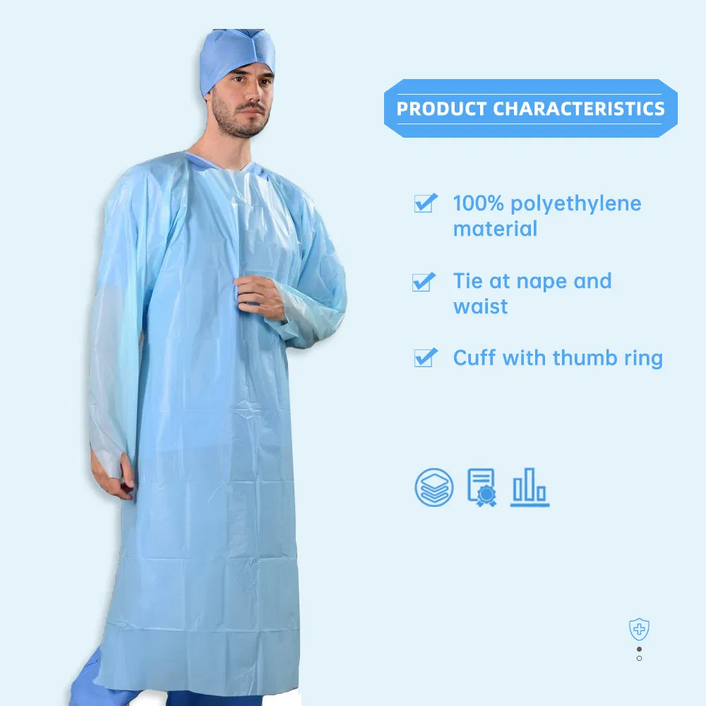 Batas de aislamiento desechables de CPE con bucle para el pulgar impermeable