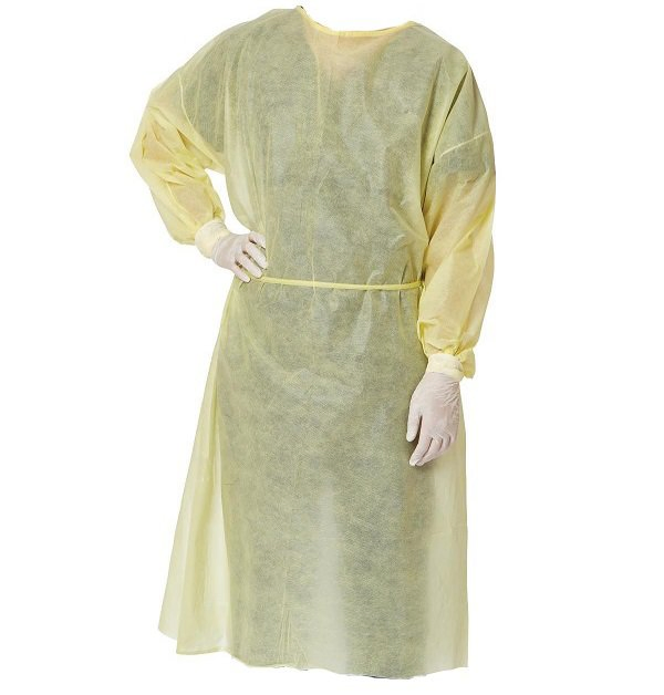 Vestido de Aislamiento Desechable de PP o SMS Amarillo de Nivel AAMI 2 con Puños de Punto de Protección Personal No Tejido al por Mayor