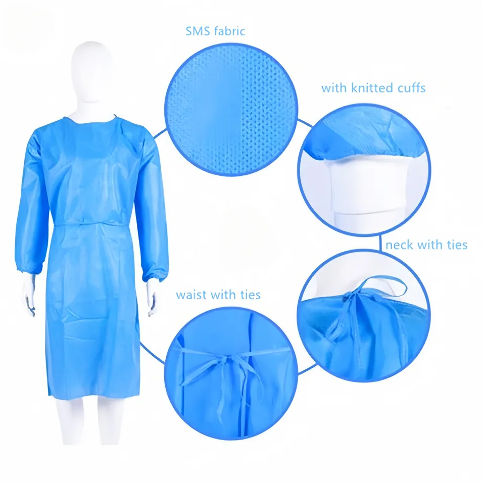 Batas desechables azules resistentes a fluidos SMS con mangas largas y puños de punto, lazos en la cintura y el cuello para uso civil, comercial, médico, dental, de laboratorio y hospitalario