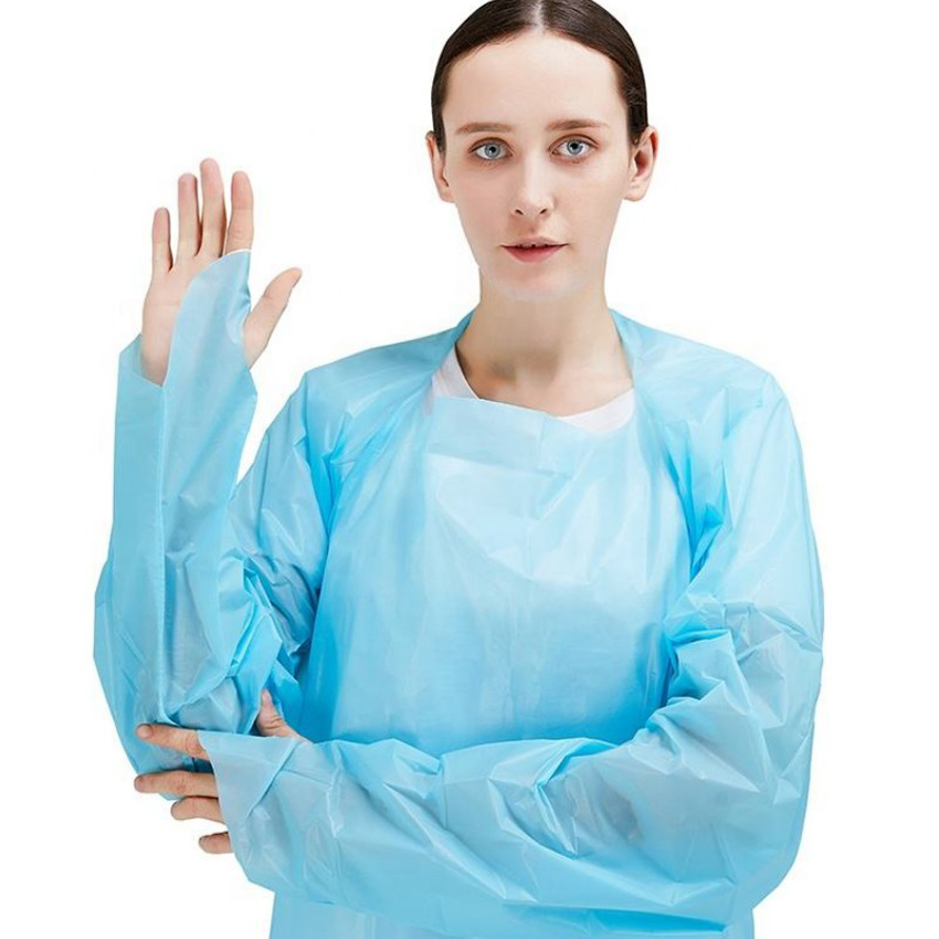Bata de aislamiento desechable de plástico impermeable para uso médico con lazos para el pulgar