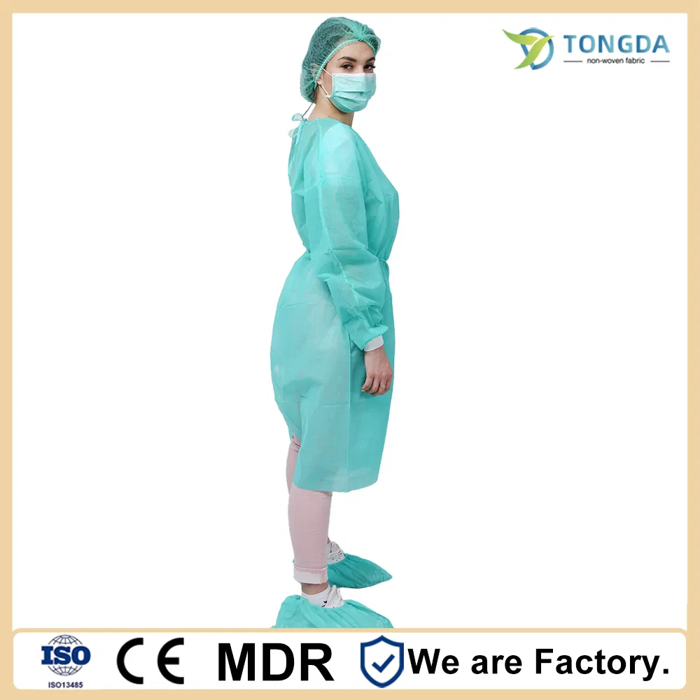 Conjunto de uniforme de hospital de algodón puro para doctor y enfermera, bata reutilizable de PP, manga de punto verde, bata de aislamiento resistente al cloro para hospital