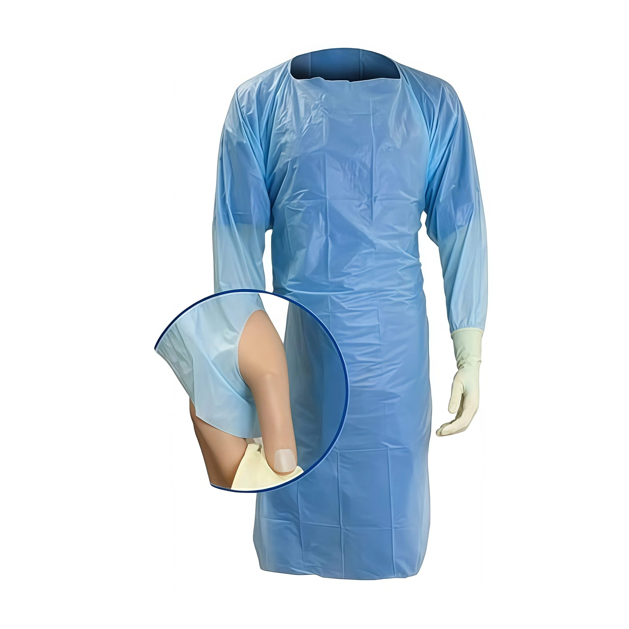 Bata desechable de aislamiento/CPE/plástico poliéster impermeable al por mayor con mangas largas y puños con lazo para el pulgar