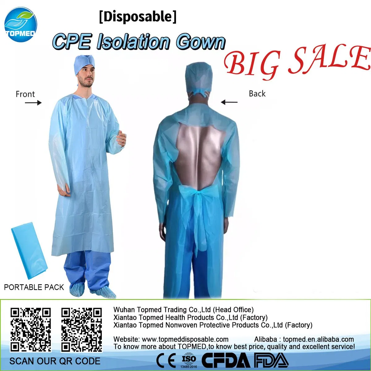 Nivel 3 Bata de Aislamiento de Plástico Desechable CPE con Bucles para el Pulgar