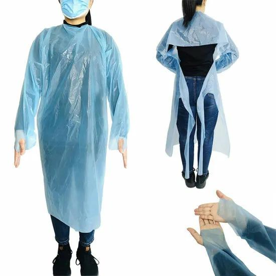 CE/ISO13485/FDA Bata de aislamiento desechable azul, delantal de plástico PPE con bucle para el pulgar